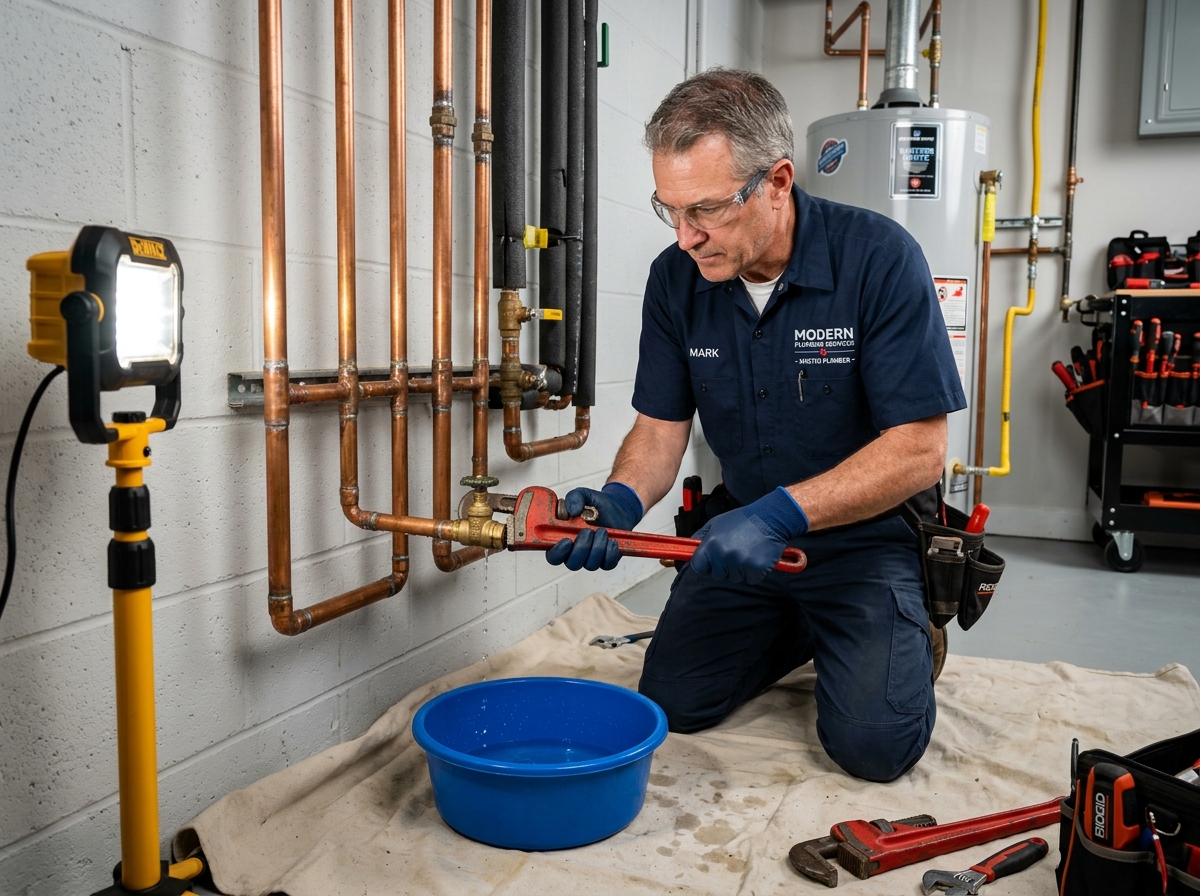 Master plumber repairing leaking copper pipe in Shakopee
