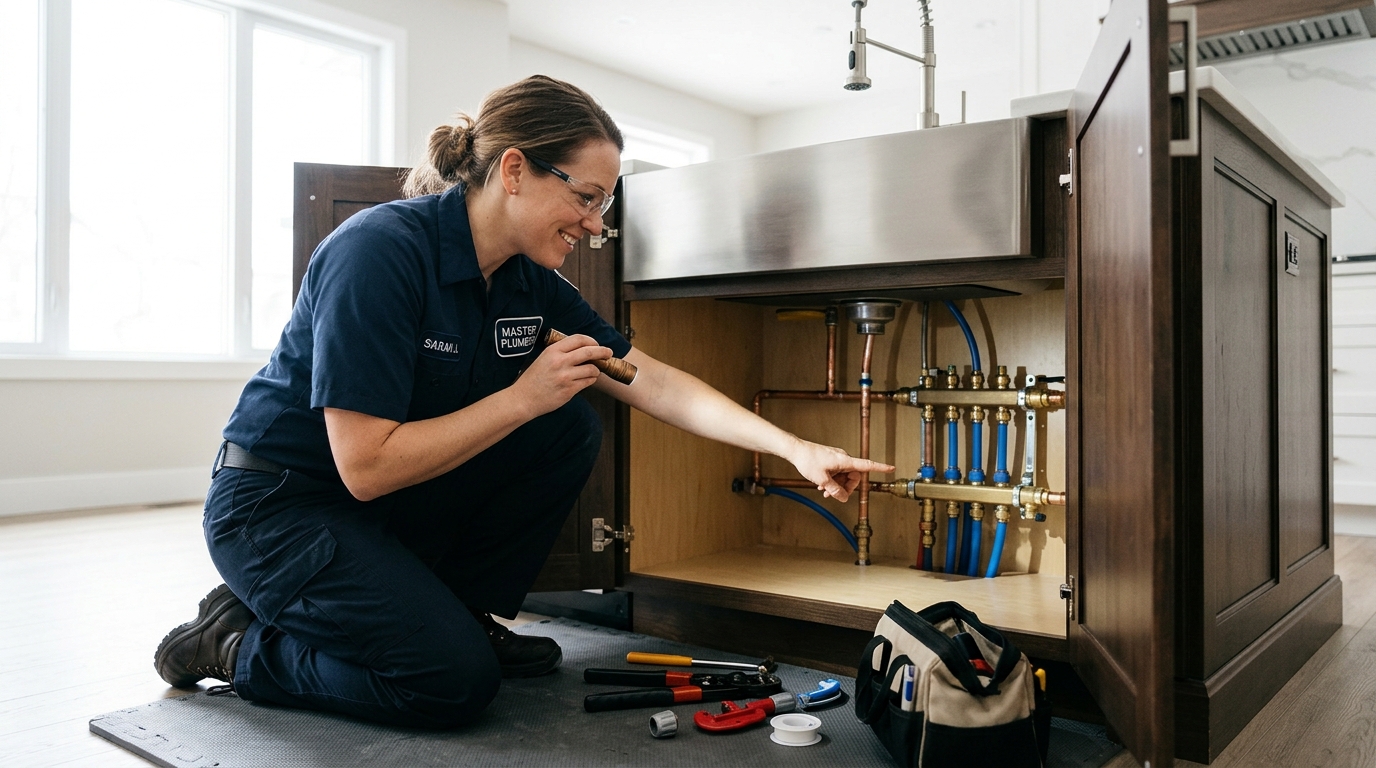 Master plumber installing basement sump pump and backflow valve